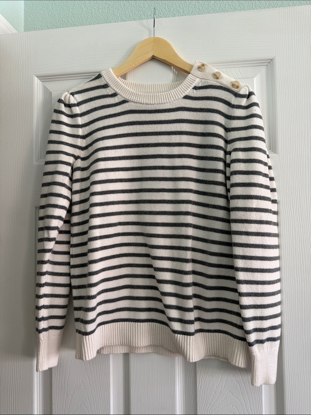 LOFT Striped Crewneck Sweater with Shoulder Buttons - White & Gray